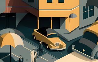 arte no estilo de Bauhaus de cidade com um carro e um guarda-chuva