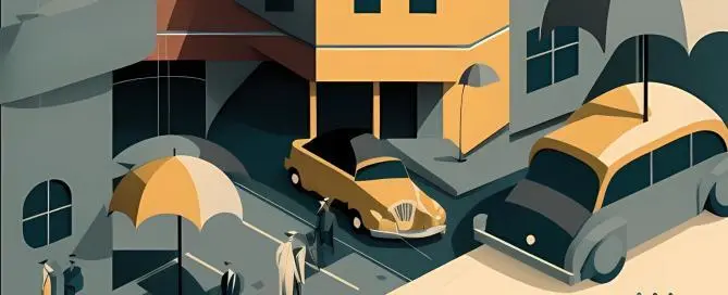 arte no estilo de Bauhaus de cidade com um carro e um guarda-chuva