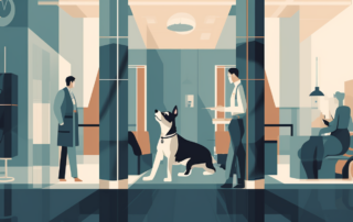 Pessoas trabalhando em um escritório em estilo Bauhaus com pets, incluindo cães e gatos, em um ambiente alegre e descontraído.