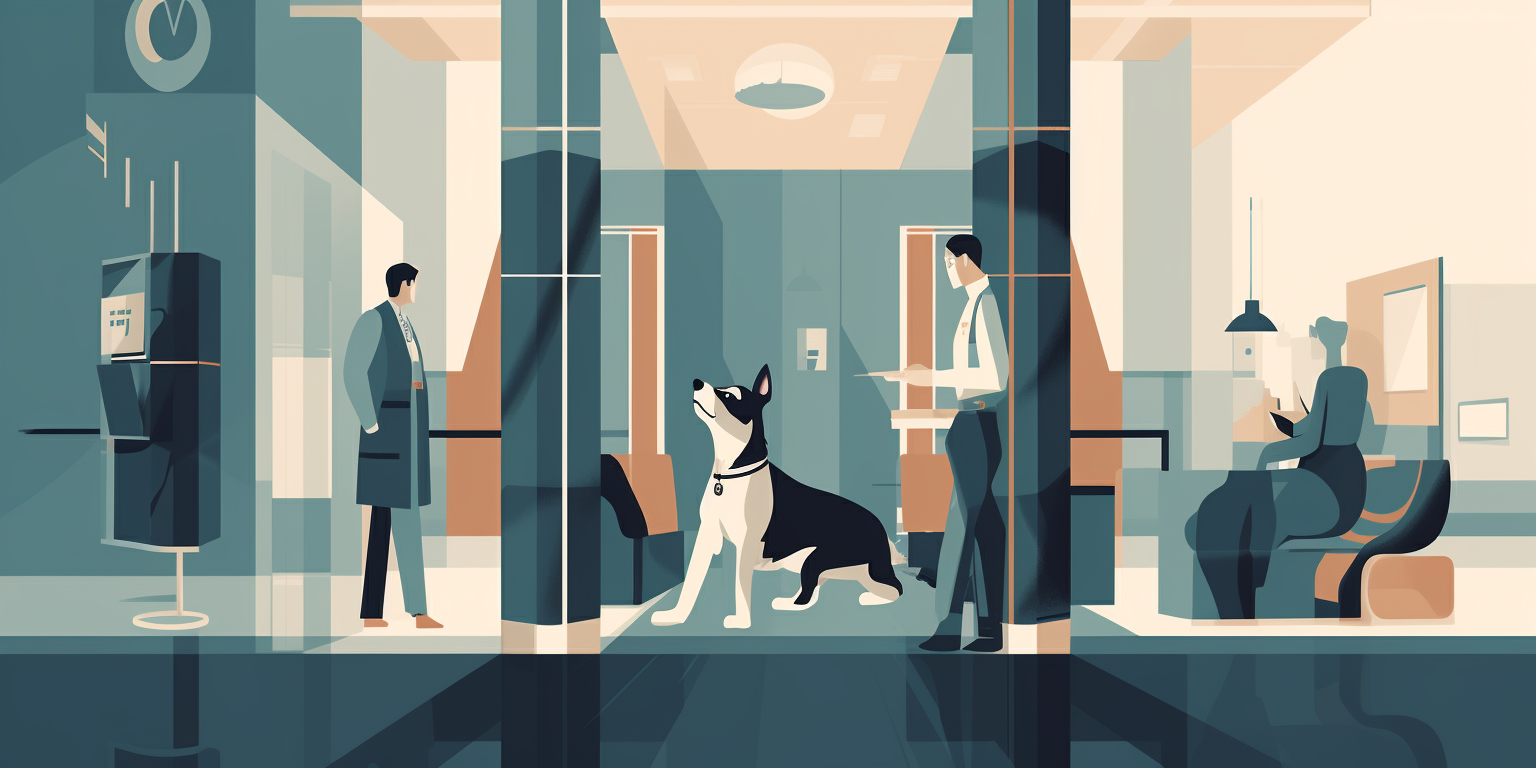 Pessoas trabalhando em um escritório em estilo Bauhaus com pets, incluindo cães e gatos, em um ambiente alegre e descontraído.