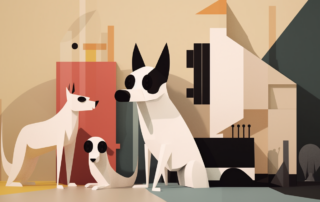A imagem ilustra um ambiente de escritório Bauhaus com colaboradores e seus pets, incluindo cães e gatos, interagindo harmoniosamente.