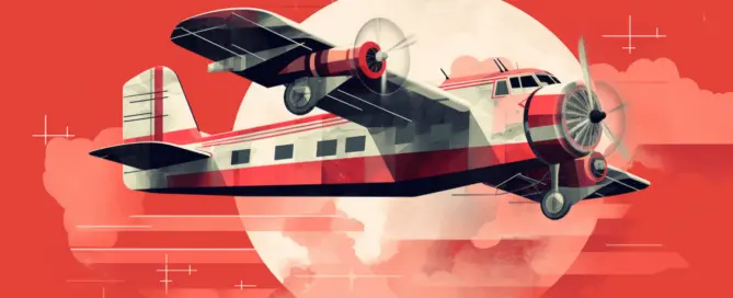 Imagem de um avião no ar, tons da imagem em vermelho.