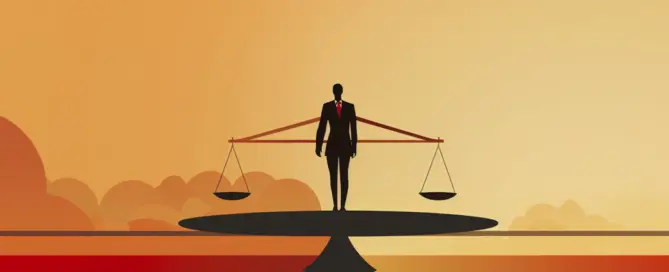 Um advogado andando em direção a uma balança, representando o mundo jurídico, na estética de bauhaus, pensando sobre Responsabilidade Civil para Profissionais