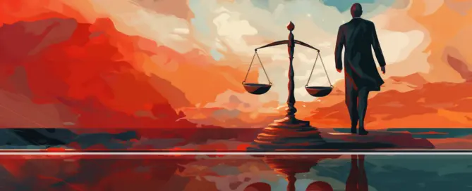 advogado andando em direção a um símbolo do mundo jurídico, na estética de Bauhaus