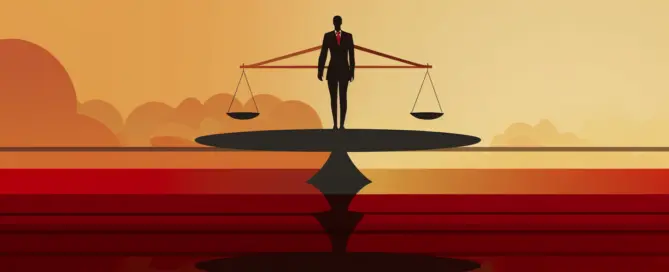 Um advogado andando em direção a uma balança, representando o mundo jurídico, na estética de bauhaus, pensando sobre Responsabilidade Civil para Profissionais
