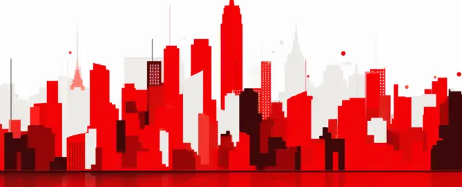 Imagem de prédios e arranha - céus em tons de branco e vermelho.