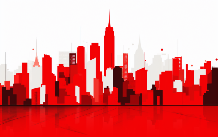 Imagem de prédios e arranha - céus em tons de branco e vermelho.