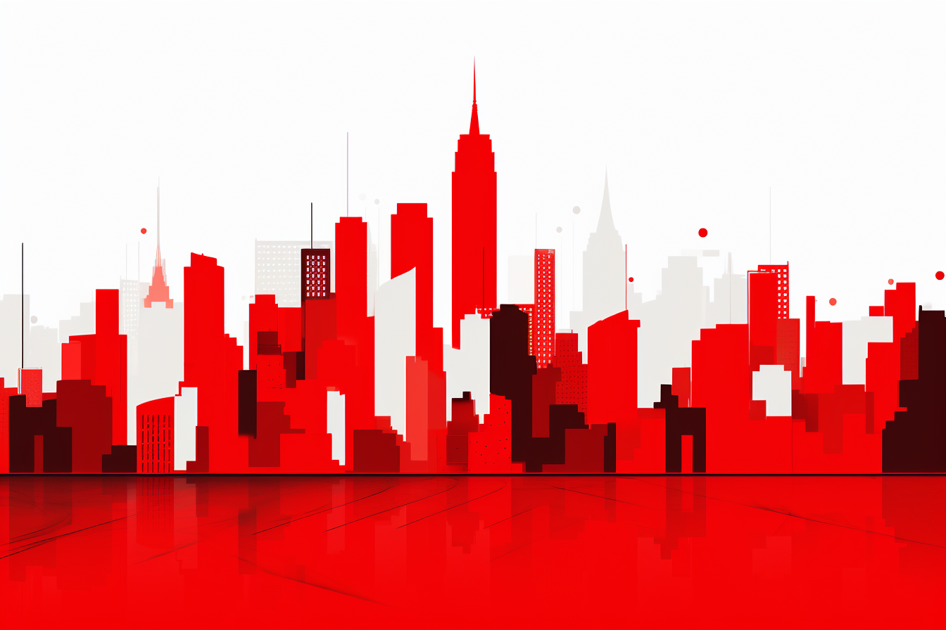 Imagem de prédios e arranha - céus em tons de branco e vermelho.