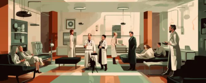 Imagem de um saguão com vários médicos e familiares.