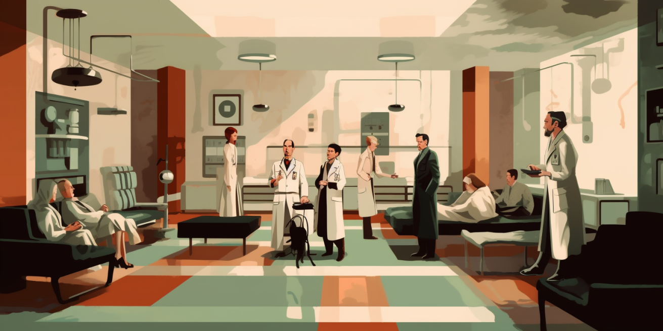 Imagem de um saguão com vários médicos e familiares.
