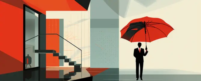 Uma ilustração colorida representando o conceito de seguro garantia com um escudo de proteção, um contrato e uma caneta.