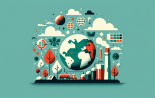 Imagem de fundo azul com planeta Terra no centro, nuvens e plantas representando seguros sustentáveis