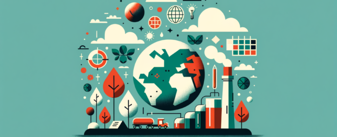 Imagem de fundo azul com planeta Terra no centro, nuvens e plantas representando seguros sustentáveis