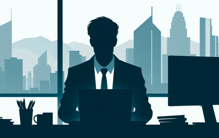 Gere, para um editorial, uma representação minimalista com uma distante silhueta de um programador ocidental trabalhando em um escritório. A imagem deve ter cores limitadas e transmitir seriedade.