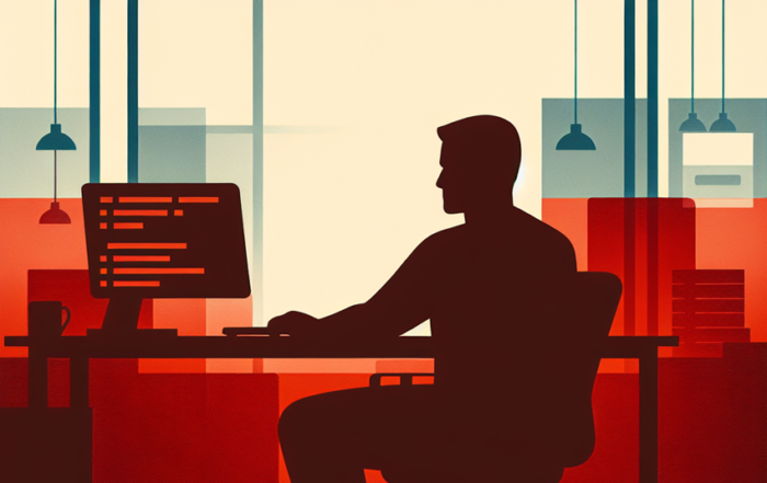 programador utilizando um computador e protegido pelo seguro hacker