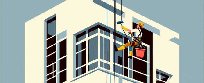 funcionário realizando limpeza de obra em rapel para seguro