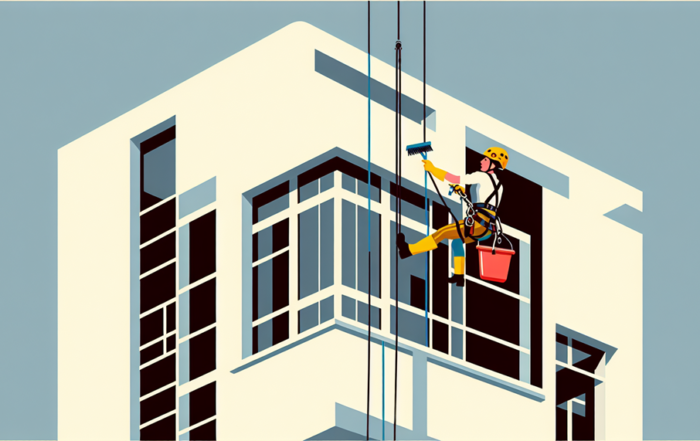 funcionário realizando limpeza de obra em rapel para seguro